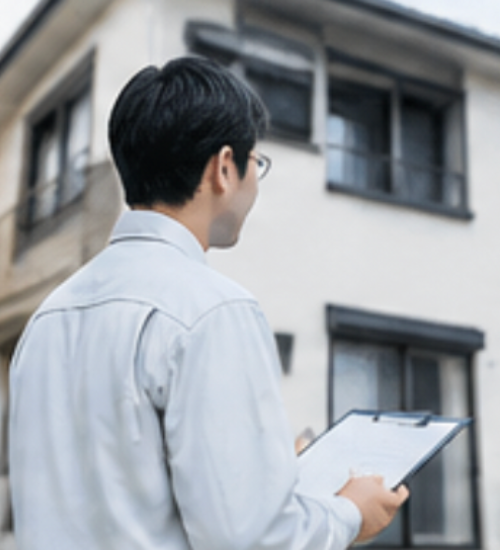 建物を調査するスタッフ